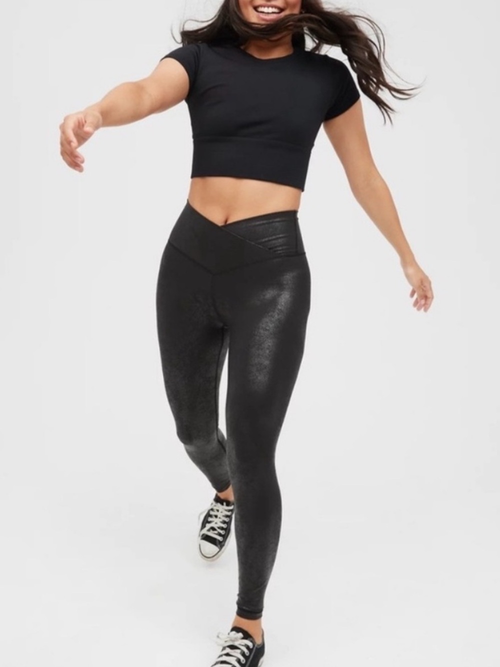 Aerie High-Rise Crackle Faux Leather Black V-Waist Leggings